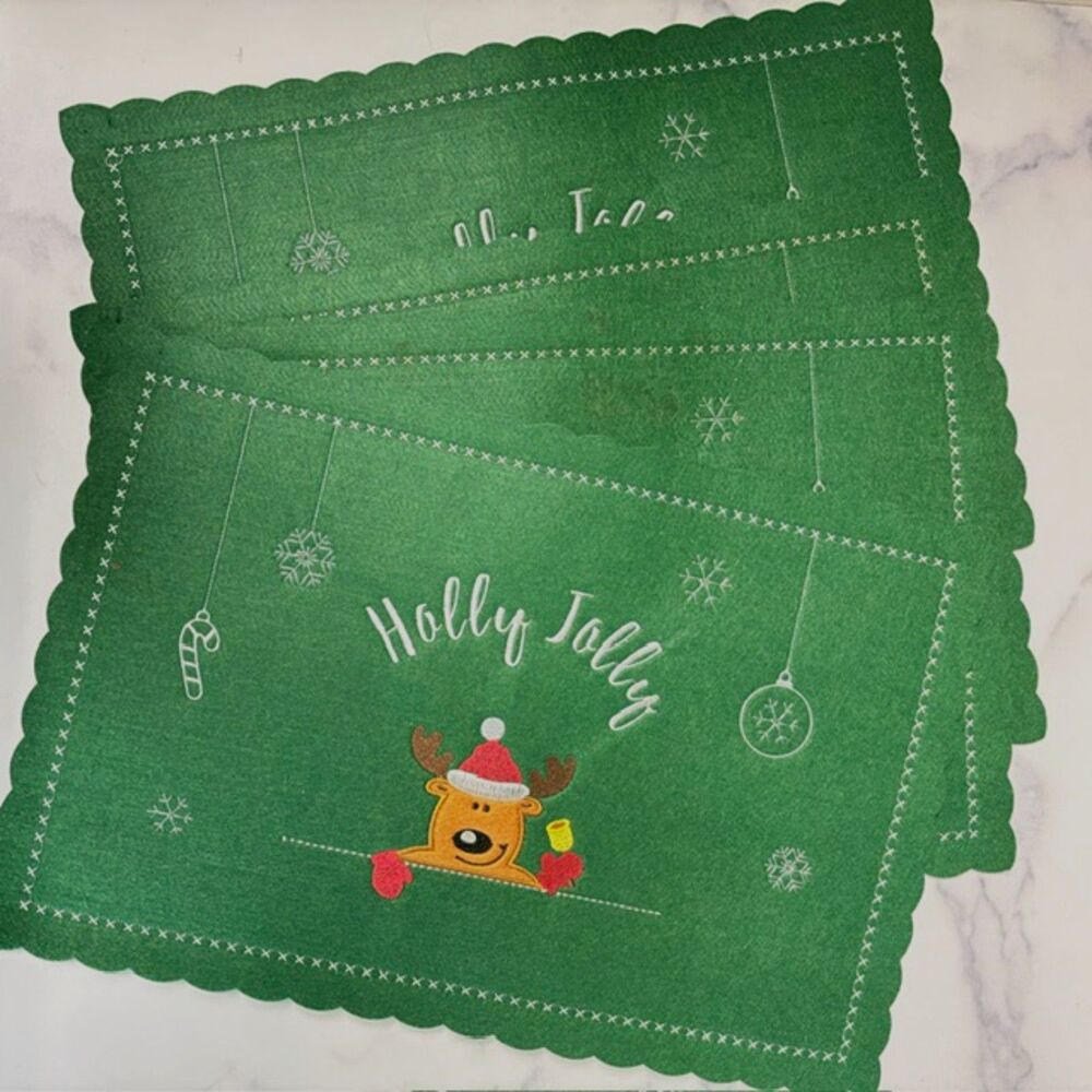 Christmas Holly Jolly Reindeer Placemats Set of 4 Green Felt Embroidered